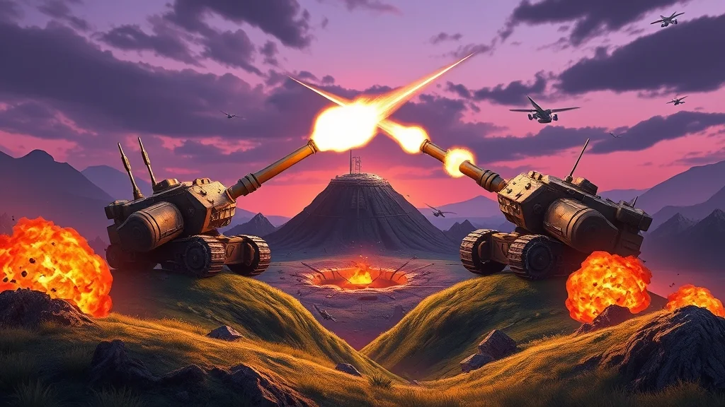 Turret Duel concept artwork: two artillery turrets facing off across a sunset landscape